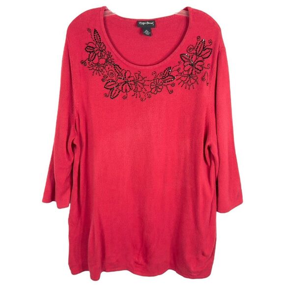 Maggie Barnes Sweaters - Maggie Barnes Plus Size 22W‎ 24W Sweater 2X Red Black Beaded Floral Knit 201